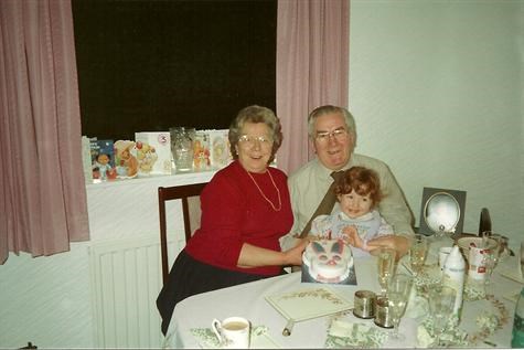 Me with my granny and papa on my 3rd birthday (December 1990)