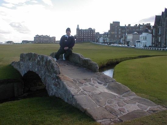 19th October, 2003 - Chris sitting on the Old Swilcan Bridge at St Andrews (Links) ... 