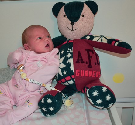 How I wish you had been here to meet your Grandaughter - Paige Irene Janet Walmsley. We have 'Del Bear' in Paige's nursery made from items of your clothing. One of which is your Christmas Jumper. Love and miss you! X