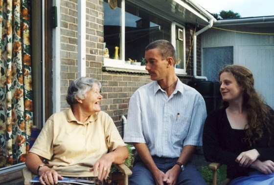 Becky, Philip and Barbara in the back garden of Grove View bungalow after Dad (James) had died.