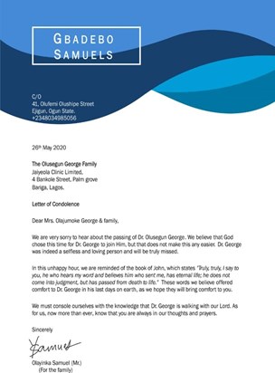 Condolence Letter from The Samuels.