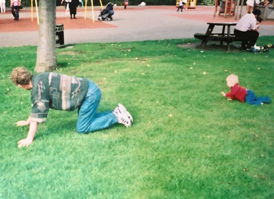 Grandad and Ella in a crawling race