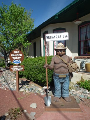 William stops to say hello to Smokey Bear in Williams, Arizona