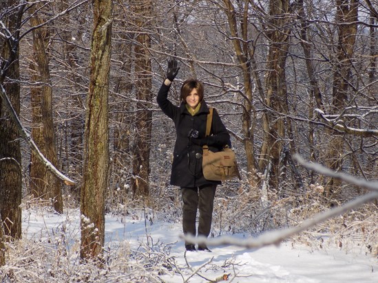 William and Mom take a walk in the winter woods - Illinois.