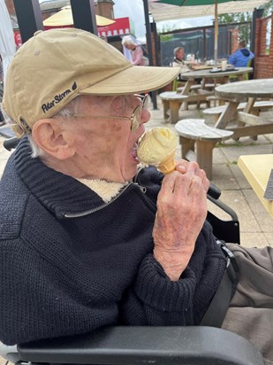 Grandads on his last ice cream and trip to Everett’s Park for his 98th birthday with his granddaughters Becx and Katrina 