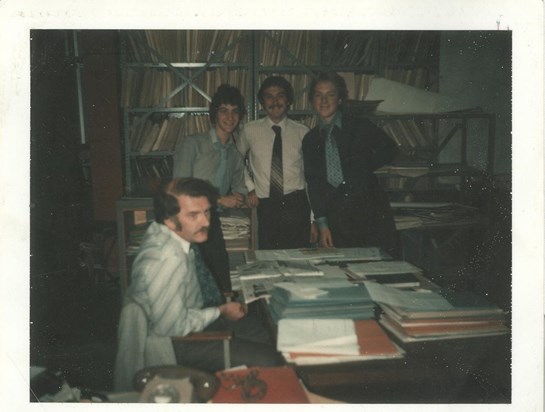 Bill and us three trainees (Dave Jones, Jon Roberts & me, Mark Turner) - Building Control Section, Rhostyllen House 1980-ish