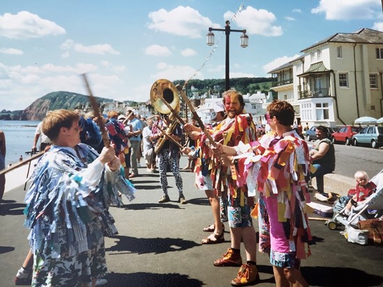 Iffy Morris dancing at Sidmouth in 1991, including Andy, Hester and Freya