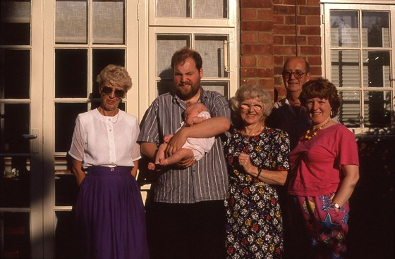 With the Granparents, (Margaret, Andy, Freya, Barry, Peter and Hester) 1990 