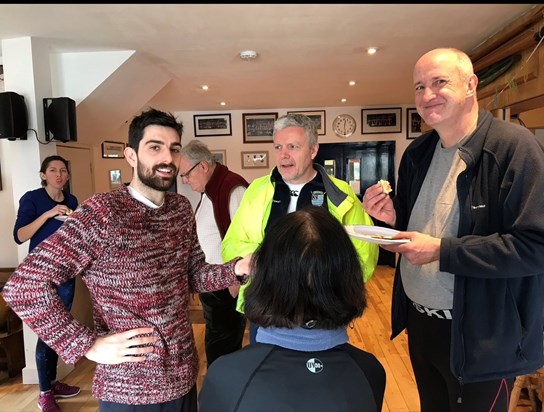 Gavin with his coach Matt (left) and David enjoying my birthday cake at Putney Town RC April 2018.