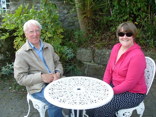 With Jane, waiting for our cream tea! Mousehole 2007