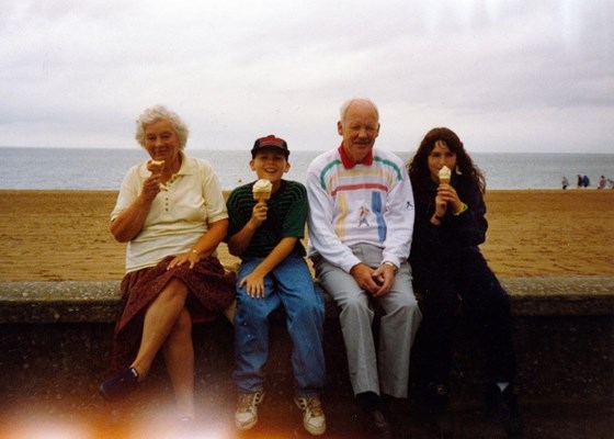 Gran, Lindsay, Gramps and Me eating 'pomme vert' ice cream. France.