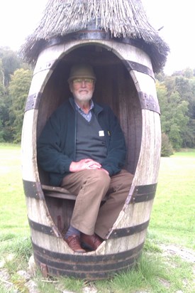 2014 in the grounds of Gilbert White's house in Selborne, Hampshire. He wanted to have a go at sitting in a barrel.
