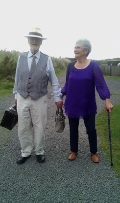 Aunty Jean and Uncle Richard on their way to the birthday celebrations at Bamburgh, August 2015