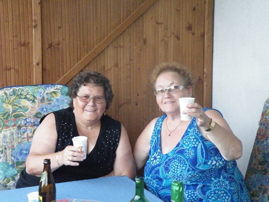 Mum & Auntie Frieda. Mum on holiday visiting the family back home in Austria celebrating at Elfriede & John's house.