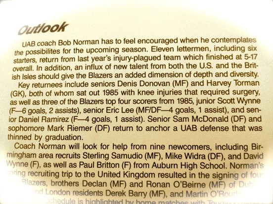 UAB Soccer Catalog, 1986