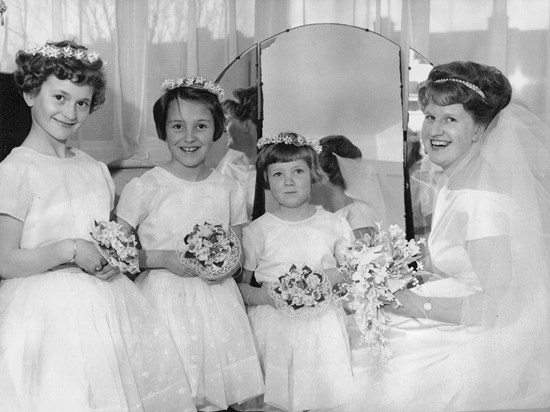 Bridesmaids Anne Hatson, Lyn & Sara Brunton & Bride Wendy Brunton 13 Apr 1963 at 33 Kenmore Ave,Harr