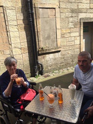 Beth and I in Falkirk having a relaxing time. We never managed to push a granny aff the bus after singing the song. Rest in Peace Beth. 