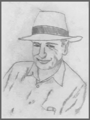 Sketch of David in his 80th birthday hat, by John