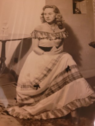 Meriel in the parachute dress she made in her late teens