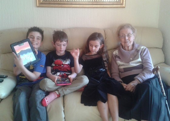 Beryl with her three great grandchildren, Josh, Luke & Emilia.