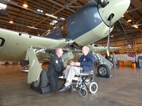 UNDER HIS BELOVED SEA FURY WITH ITS' ENGINEER  AT THE RN HERITAGE FLIGHT