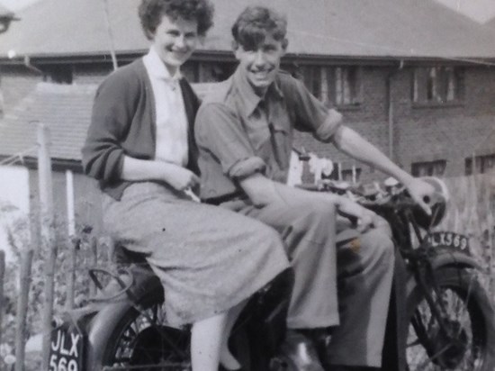 Margaret and Ted on brother Bobby's motorbike.