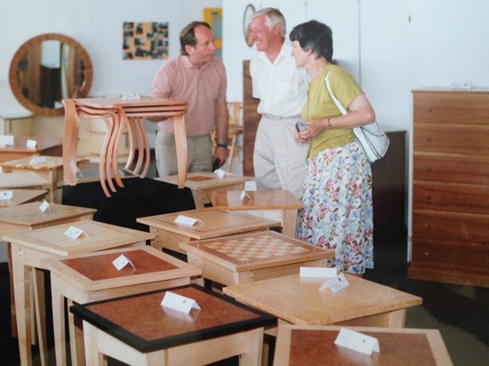 Ted and Margaret speaking to Dick Isden at London College of Furniture, summer show 1993.