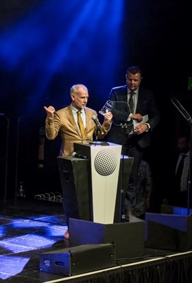 Tim accepting the Focal Award for Network's Joe 90 restoration (2019)