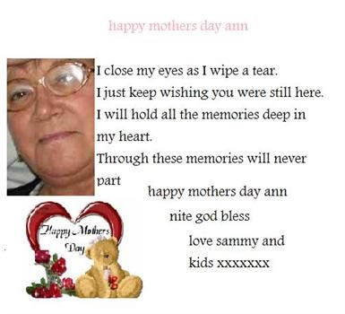 happy mothers day ann miss u lots.xxxxxxxxxxx