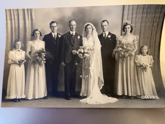 The marriage of Cyril Burkitt to Annie Green. Vera Disberry far left Bridesmaid