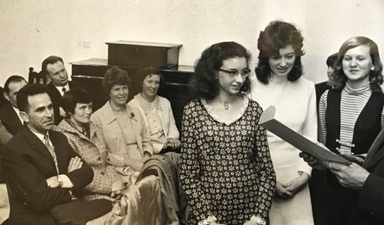 1971 presentation of award for Portsmouth history project, with Janet and Lorraine