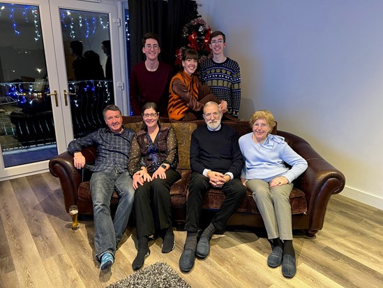 Louis (Clare's Dad), Marie (Clare's Mum), Norman Snr, Clare, Norman Jnr, Frances and George together at Christmas (2021)