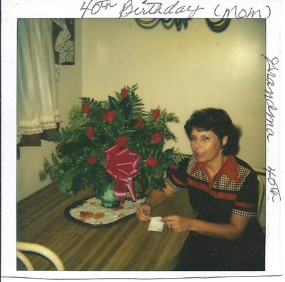 Mom relaxing at home in 1979 after working her 40th birthday at James Coffee Shop