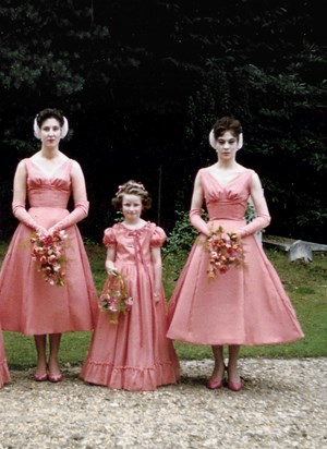 Gay on the right, bridesmaid to Anne, July 1956