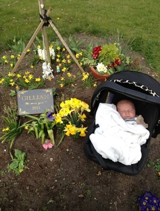 Gillian's great grandson at her memorial tree Leo named after her star sign x