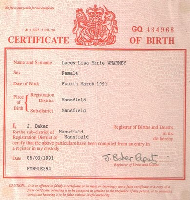 Lacey's Birth Certificate.