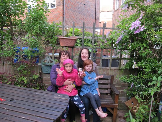 Monic, Marie & children in the garden at Monic's home in Gosport 2014. The flowers were blooming wonderfully.