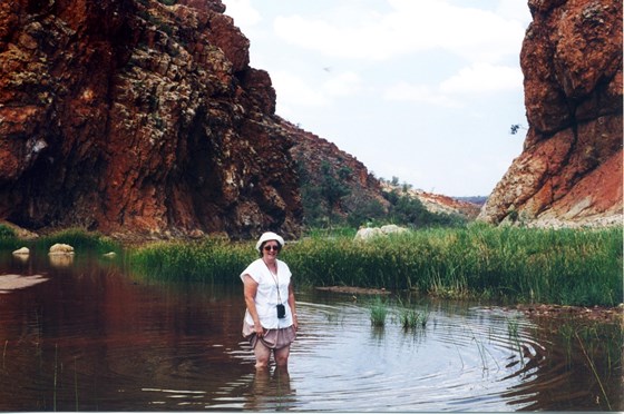 Pam in the Fink River 1997. Happy trip to Central Aust. Always willing to have a go at anything.