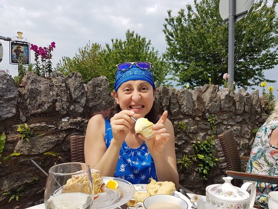 Tina with her unique expression...enjoying a Cream Tea x