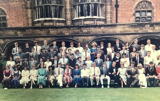 Supper before graduation, Sidney Sussex College, Cambridge, June 1985. Anneliese is raising a glass, R2, sixth from left.