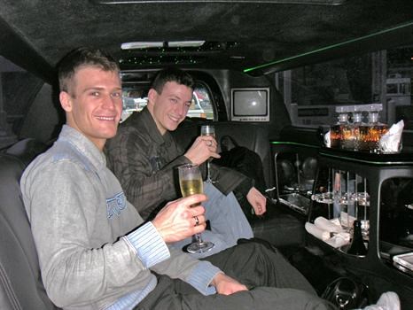 Ben and Tom in Nigel's limo