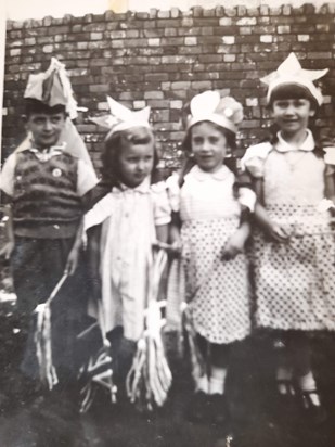 Robert, Patti (cousin), Pam (sister), Angela (cousin) - Coronation celebrations in Aunty's Mary's garden 2nd Jun 1953