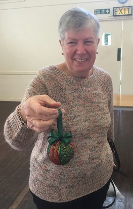 Ruth at Craft Group displaying the tree decoration she made!