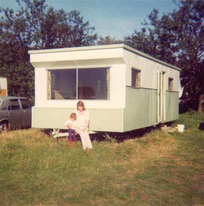 Sue with James and the caravan.