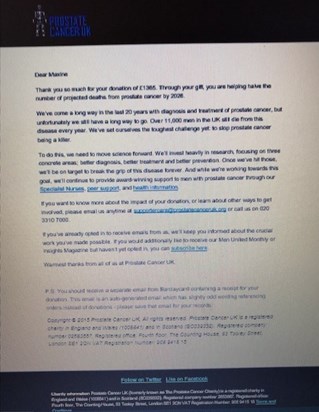 Confirmation of donations (offline) to Prostrate Cancer UK