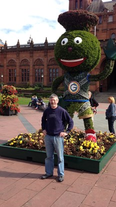 Gerry on a trip to Glasgow - with the Commonwealth Games Mascot - August 2014