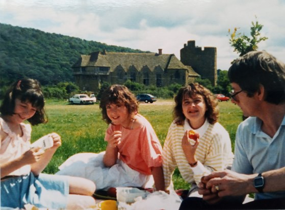 Jane, Emma, Claire and Gerry, having a picnic at Stokesay  Castle en route to taking the girls back home to Scotland after a holiday with us in Wales. 