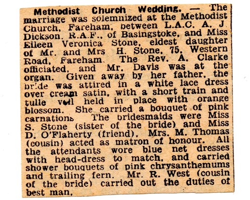 Mr & Mrs A J Dickson 20/10/1945 Wedding Announcement