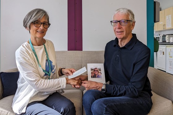 Handing over a cheque to Lisa Bailey at the Isabel Hospice head office in Welwyn Garden City on 14 August