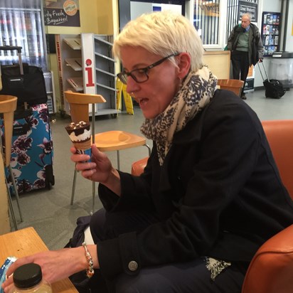 Anne and ice cream at Swindon Station after a grilling by the EPSRC